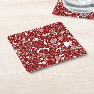 Heart Love Doodles Red-White-Disposable Onderzette Vierkante Kartonnen Onderzetter