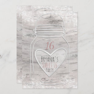 Heart Mason Jar & Lights Birch Sweet 16 Uitnodigin Kaart