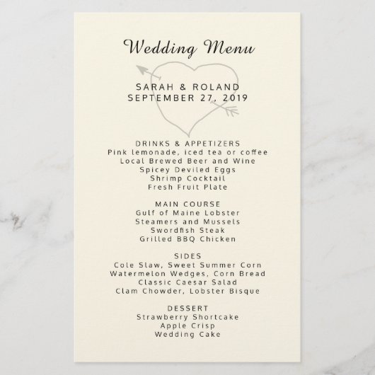 Heart n Flèche Custom Ecru Simple Menu Mariage (Devant)