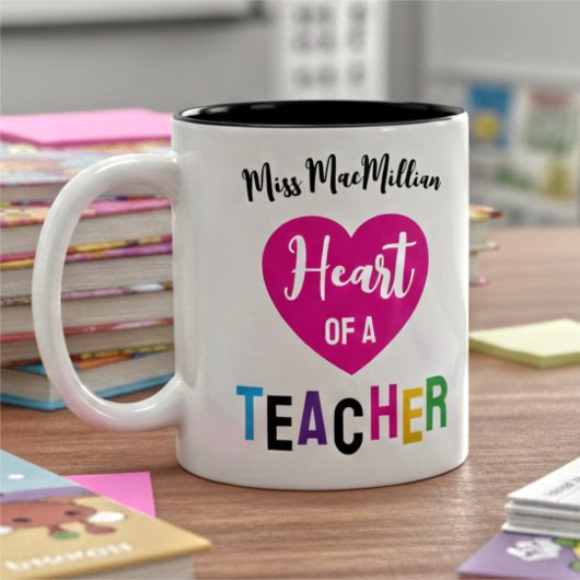 Heart of a Teacher Gift Pink Black Script Tweekleurige Koffiemok