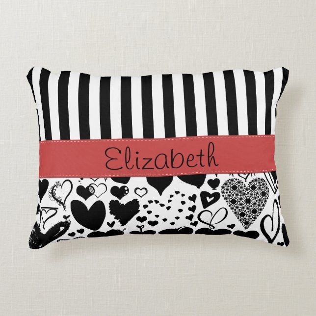 Heart Pattern, Black Hearts, Stripes, Jouw naam Decoratief Kussen (Voorkant)