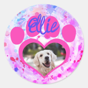 Heart Paw Pet Foto Naam op Roze Tie Dye Ronde Sticker