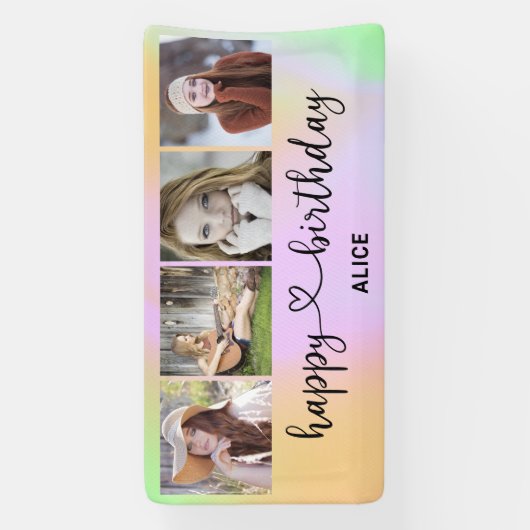 Heart Script 4 Photo Holographic Birthday Banner (Verticaal)