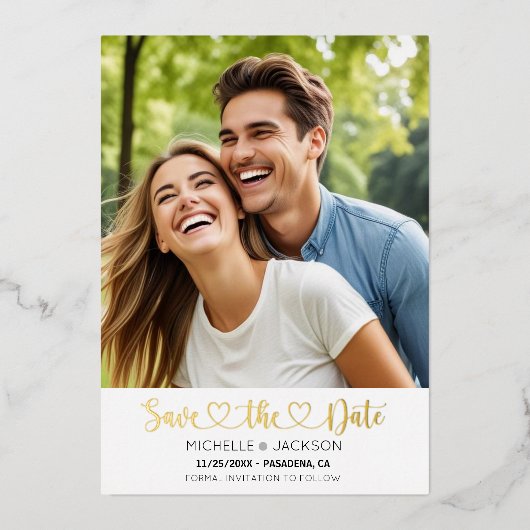 Heart Script Custom Photo Save the Date Folie Uitnodiging (Voorkant)
