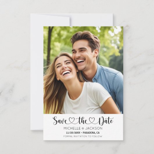 Heart Script Custom Photo Save the Date Invitation Kaart (Voorkant)