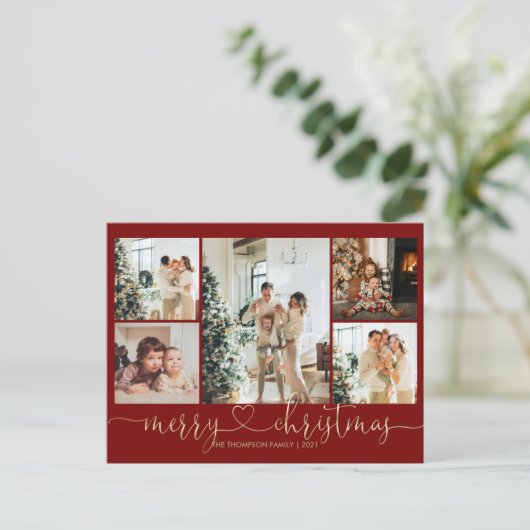 Heart Script Gold Red Merry 5 Foto Feestdagenkaart (Staand voorkant)
