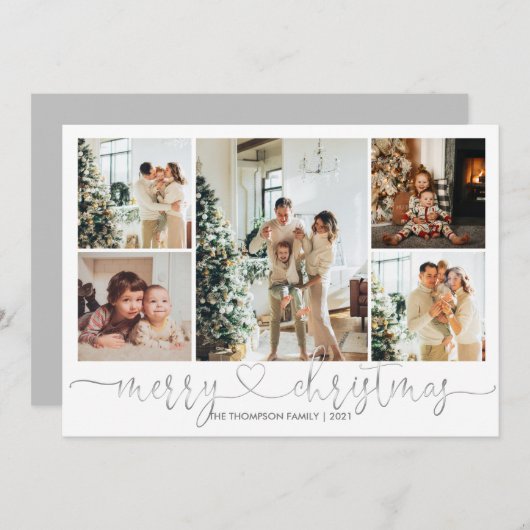 Heart Script Silver Grey Merry Kerstmis 5 Foto Feestdagenkaart (Voorkant / Achterkant)