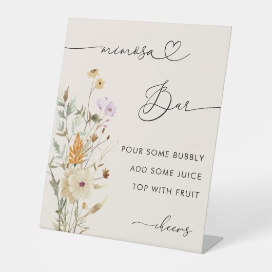 Heart Script Wildbloemen Vrijgezellenfeest Mimosa Reclamebord Met Voetstuk (Voorkant)