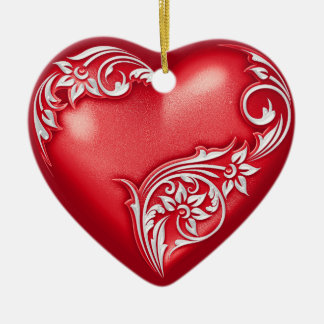 Heart Scroll Red w White Keramisch Ornament