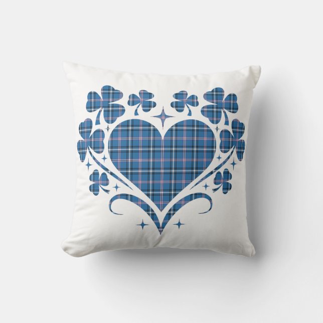 Heart Shamrock Plaid Blue Classic Clover Kussen (Voorkant)