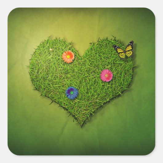 Heart-Shaped Lawn Flowers Butterfly Vierkante Sticker (Voorkant)