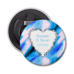 Heart Shaped Wreath on Blue Abstract Wedding Button Flesopener