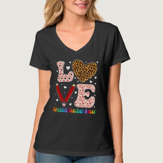 Heart Spanish Teacher Squad Leopard Plaid Red Vale T-shirt (Voorkant)
