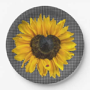 Heart Sunflower en Ladybug op Gingham Papieren Bordje