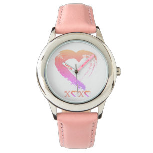 Heart Watch Kind RVS Roze Leder Horloge