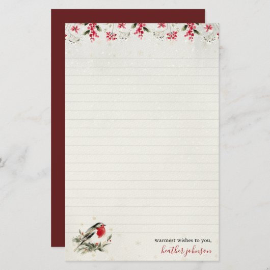 Hearthlight Notes Winter Robin Bird Personalized Briefpapier (Voorkant / Achterkant)