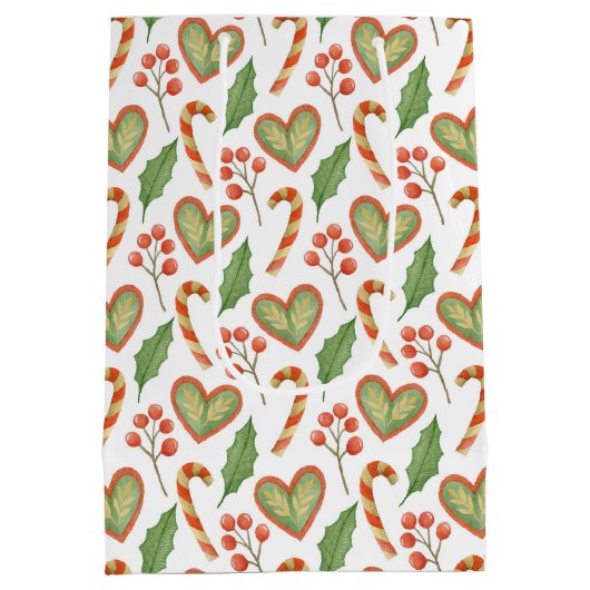 Hearts Candy Cane Holly Pattern Kerstmis Medium Cadeauzakje (Achterkant)
