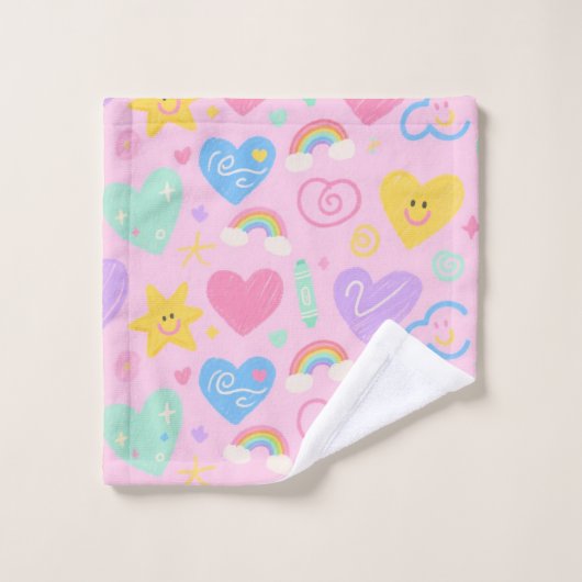 Hearts & Doodles Handdoek – Kidcore Pastel Style (Wasdoekje)