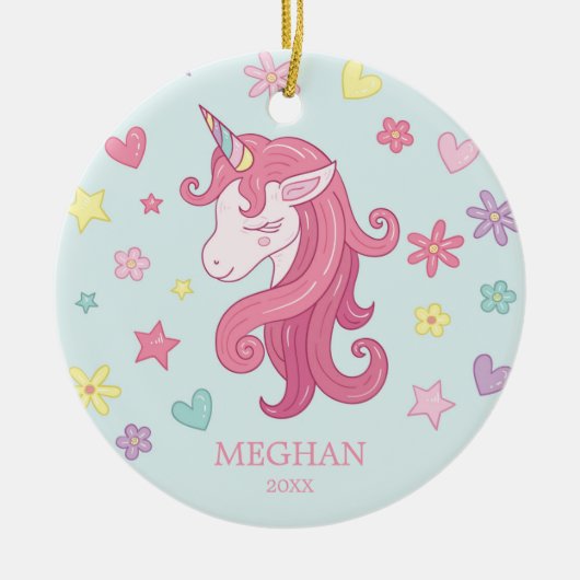 Hearts & Flowers Unicorn Kerstannament Keramisch Ornament (Voorkant)