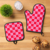 Hearts Grid roze en rood Ovenwant & Pannenlap Set (Top down)