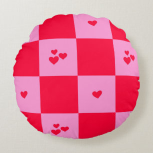 Hearts Grid roze en rood Rond Kussen