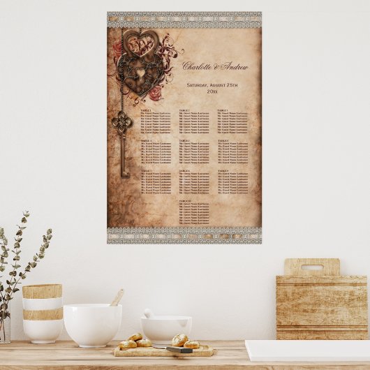 Hearts Lock and Key Wedding 10 Table Seating Chart Poster (Keuken)