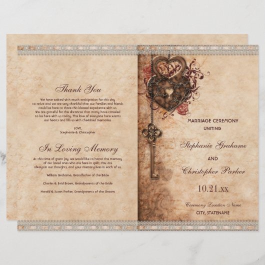 Hearts Lock and Key Wedding Ceremony Program (Voorkant / Achterkant)