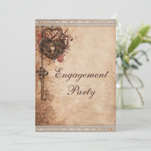 Hearts Lock en Key Engagement Party Kaart (Staand voorkant)