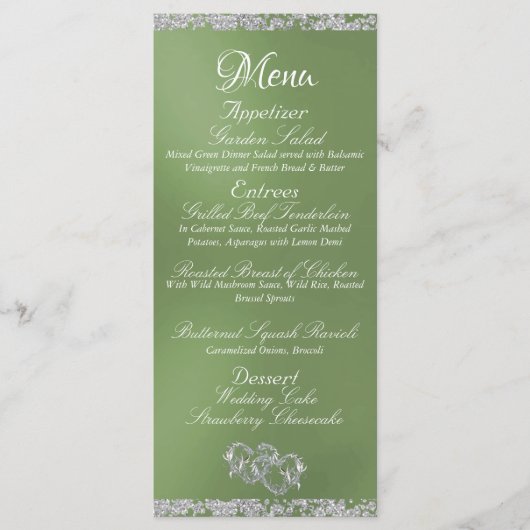 Hearts, Monogram & Glitter - Sage Wedding Menu (Voorkant)