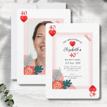 Hearts Playing Card 40th Birthday Party Invitation<br><div class="desc">Présentation de la "40e carte de jeu d'anniversaire", invitation de la fête. Aussi unique que la belle personne célébrant cet événement marquant spécial. Un design doux, élégant et doux avec une touche de rose et de rouge. Ajoutez facilement les détails de votre fête et une photo préférée pour appeler famille...</div>