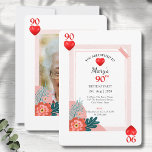 Hearts Playing Card 90th Birthday Party Invitation<br><div class="desc">Présentation de la "90e carte de jeu d'anniversaire", invitation de la fête. Aussi unique que la belle personne célébrant cet événement marquant spécial. Un design doux, élégant et doux avec une touche de rose et de rouge. Ajoutez facilement les détails de votre fête et une photo préférée pour appeler famille...</div>
