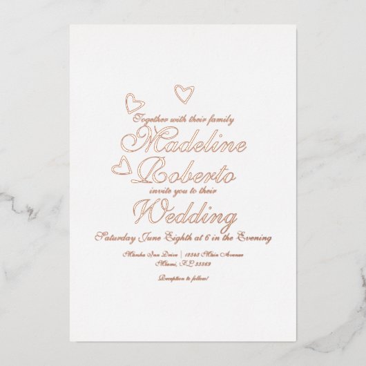Hearts Script Weduwen geperst Folie Uitnodiging (Voorkant)