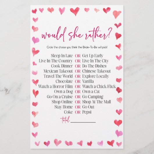 Hearts Would She Rather? Bridal Shower Game  Briefpapier (Voorkant)