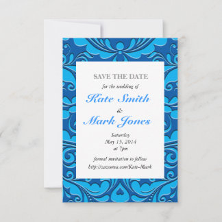 HeartyParty Cobalt Blue en Turquoise Damask Heart Save The Date