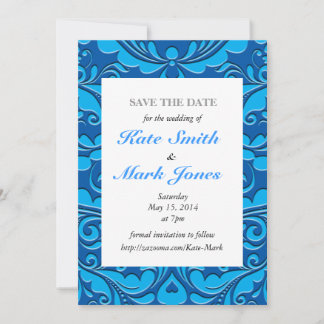 HeartyParty Cobalt Blue en Turquoise Damask Heart Save The Date
