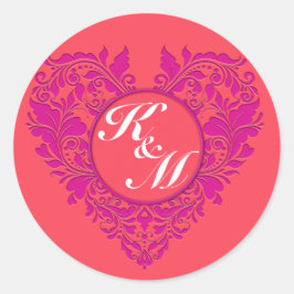 HeartyParty Raspberry en Magenta Damask Heart Ronde Sticker
