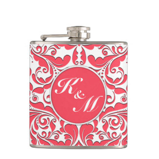 HeartyParty Raspberry Red en White Damask Heart Heupfles