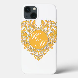 HeartyParty Yellow & White Damask Heart iPhone 13 Hoesje