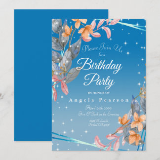 Heather Blue Waterverf Flowers Birthday Party Kaart