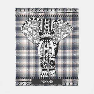 Heather Grey Cream Plaid Tribal Patroon Olifant Fleece Deken