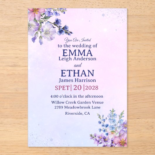 heather periwinkle plum lavender blue Wedding  Acryl Uitnodigingen (Voorkant)