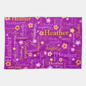 Heather text name paarse bloemkeukenhanddoek theedoek (Horizontaal)