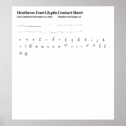 Heathrow Lettertype Glyphs Contactblad Poster (Voorkant)