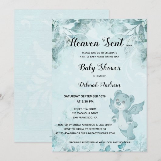 Heaven envoyé Ours Angel Baby shower Invitation (Devant / Derrière)