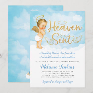 Heaven Sent Angel Boy Baby shower Invitation Kaart