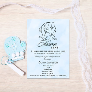 Heaven Sent Baby shower Blue Moon Stars Invitation Kaart