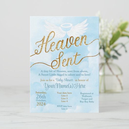 Heaven Sent Baby shower Uitnodiging - Boy Angel (Staand voorkant)