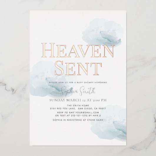 Heaven Sent Blue Cloud Boy Baby shower Folie Uitnodiging (Voorkant)