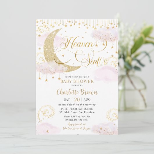 Heaven Sent Moon and Stars Pink Gold Baby Shower Kaart (Staand voorkant)