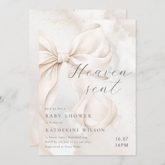 Heaven Sent Neutral Bow Baby Shower Invitation Kaart (Voorkant / Achterkant)